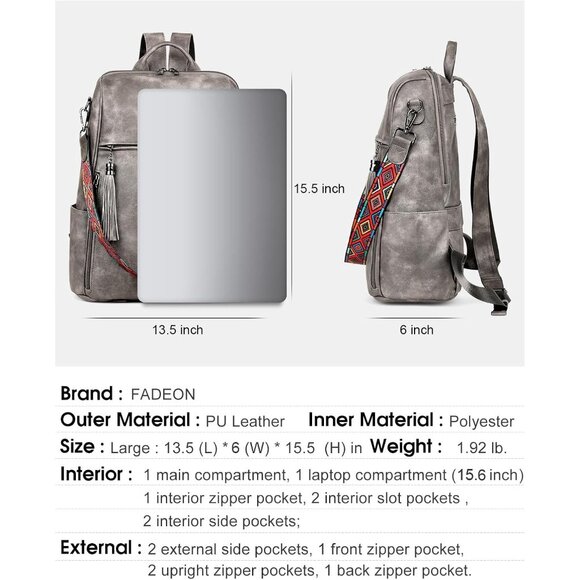 Women's Grey  Retro Style Backpack Designer 15.6 inch PU Leather Laptop Bags - Picture 3 of 9